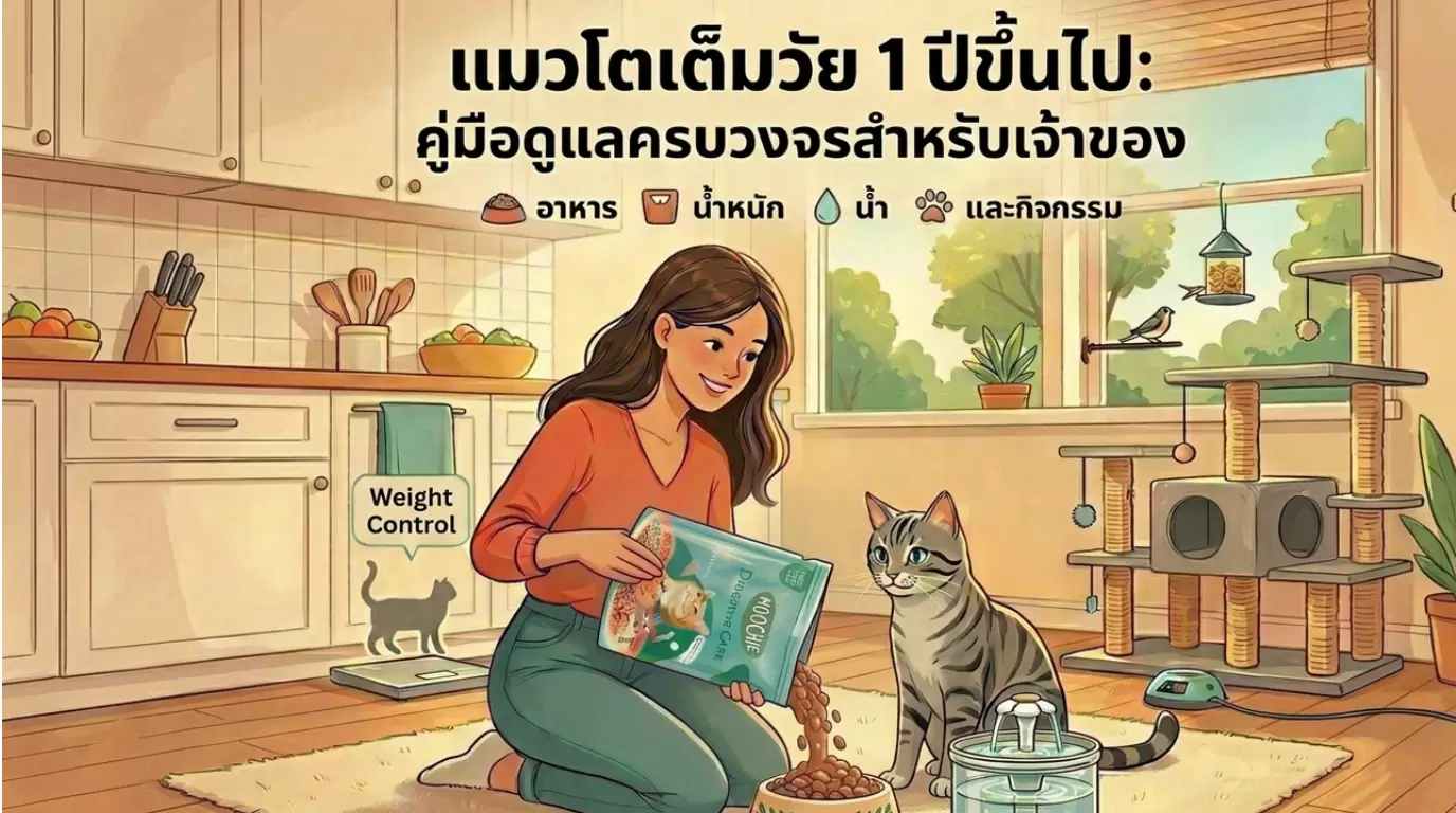 เจ้าของกำลังเทอาหารให้แมวโตเต็มวัยในบ้าน มีชามอาหาร น้ำพุแมว และข้อความเกี่ยวกับการดูแลเรื่องอาหาร น้ำหนัก น้ำ และกิจกรรม